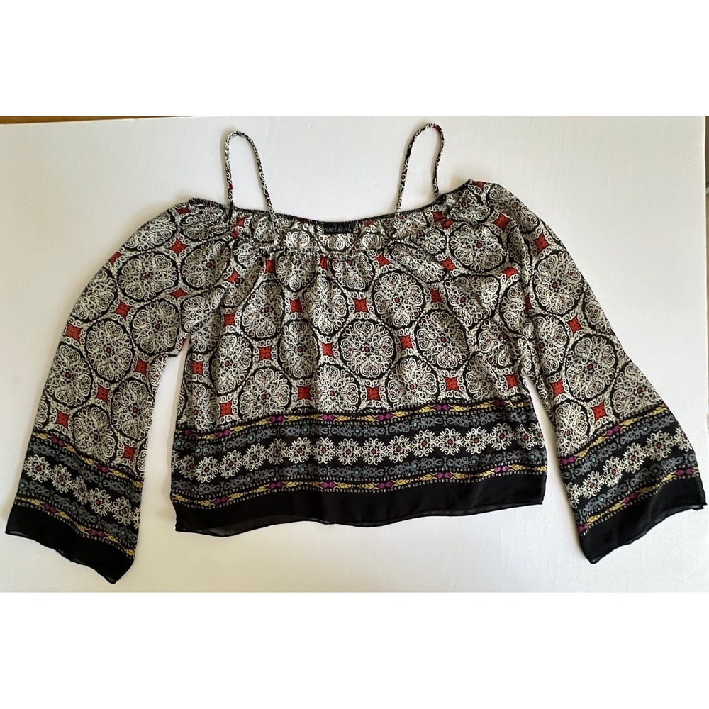 Y2K Wet Seal‎ Medallion Print Cold Shoulder Bell Sleeve Blouse Black Red S/M